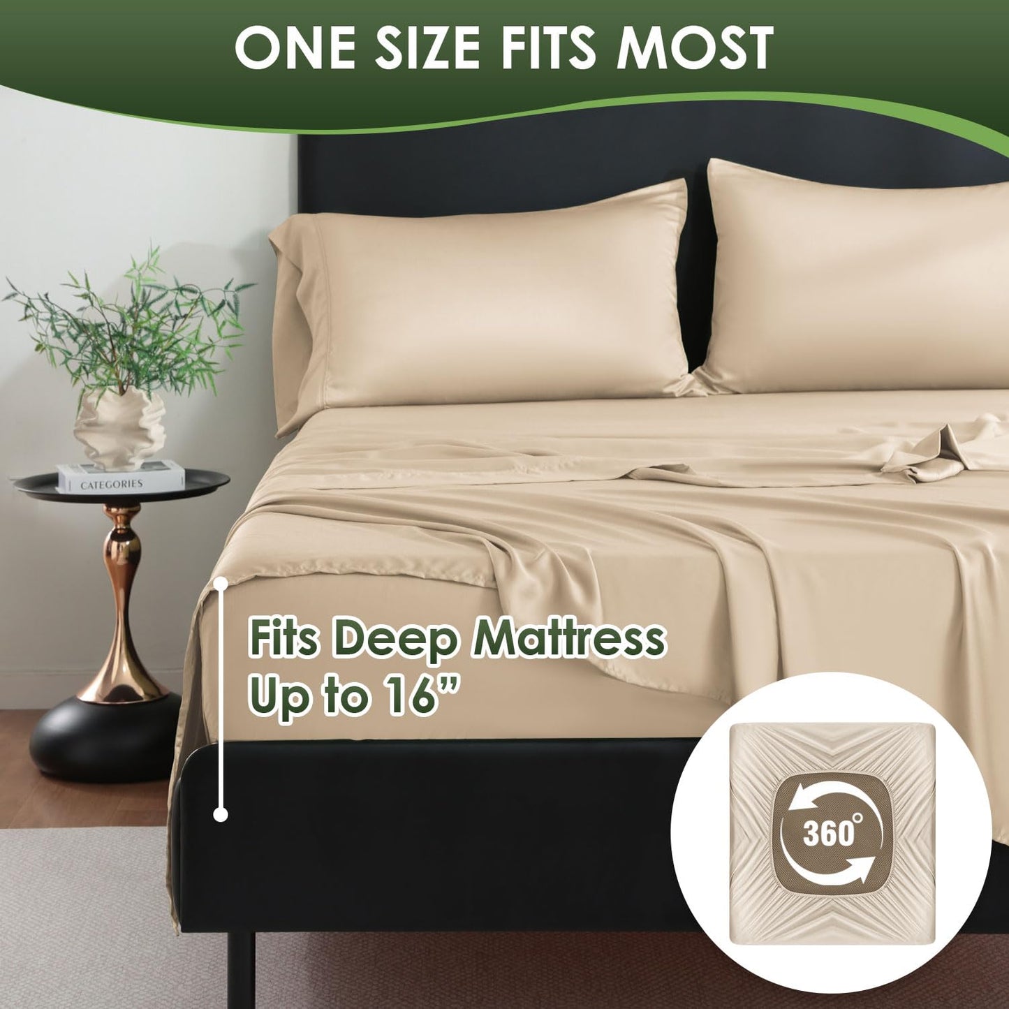 CozySmile Bamboo Sheets King Sheets Set, 100% Organic Viscose Derived from Bamboo Bed Sheet Set, Luxuriously Soft & Cooling,4 Pcs Bed Set with Deep Pockets,Wrinkle Free, Double Stitched Seams (Beige)