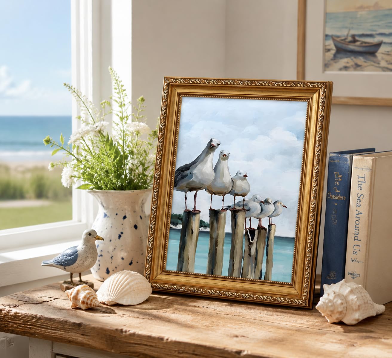 Gold Framed Seagull Canvas Wall Art Coastal Sea Birds Paintings Pictures Wall Decor Teal Ocean Beach posters prints Artwork for Living Room Bedroom Bathroom Home Decoration 9x11in