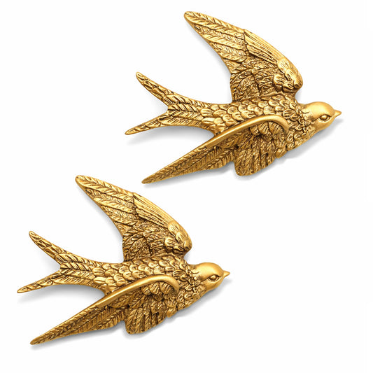 ATSKIM 2 Pieces Vintage Bird Wall Sculpture Resin Swallow Wall Decor 3D Gold Hanging Decorative Birds Sculpture Art for Living Room Gallery Bedroom Garden Outdoor 4.4 x 3.35 Inch (2 Pcs)