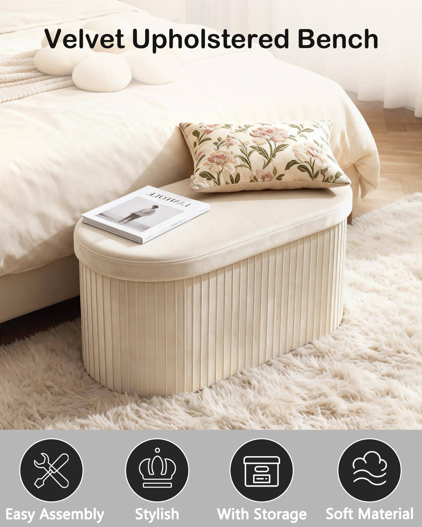 GLAXYFUR Folding Storage Ottoman, Velvet Upholstered Foot Rest, 30 Inches Oval Storage Bench for Bedroom, Living Room & Entryway (Beige)