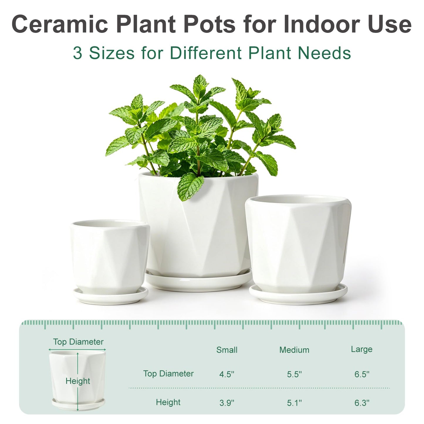 White Ceramic Planter Set of 3 with Drainage and Saucer, Indoor Plant Pots
