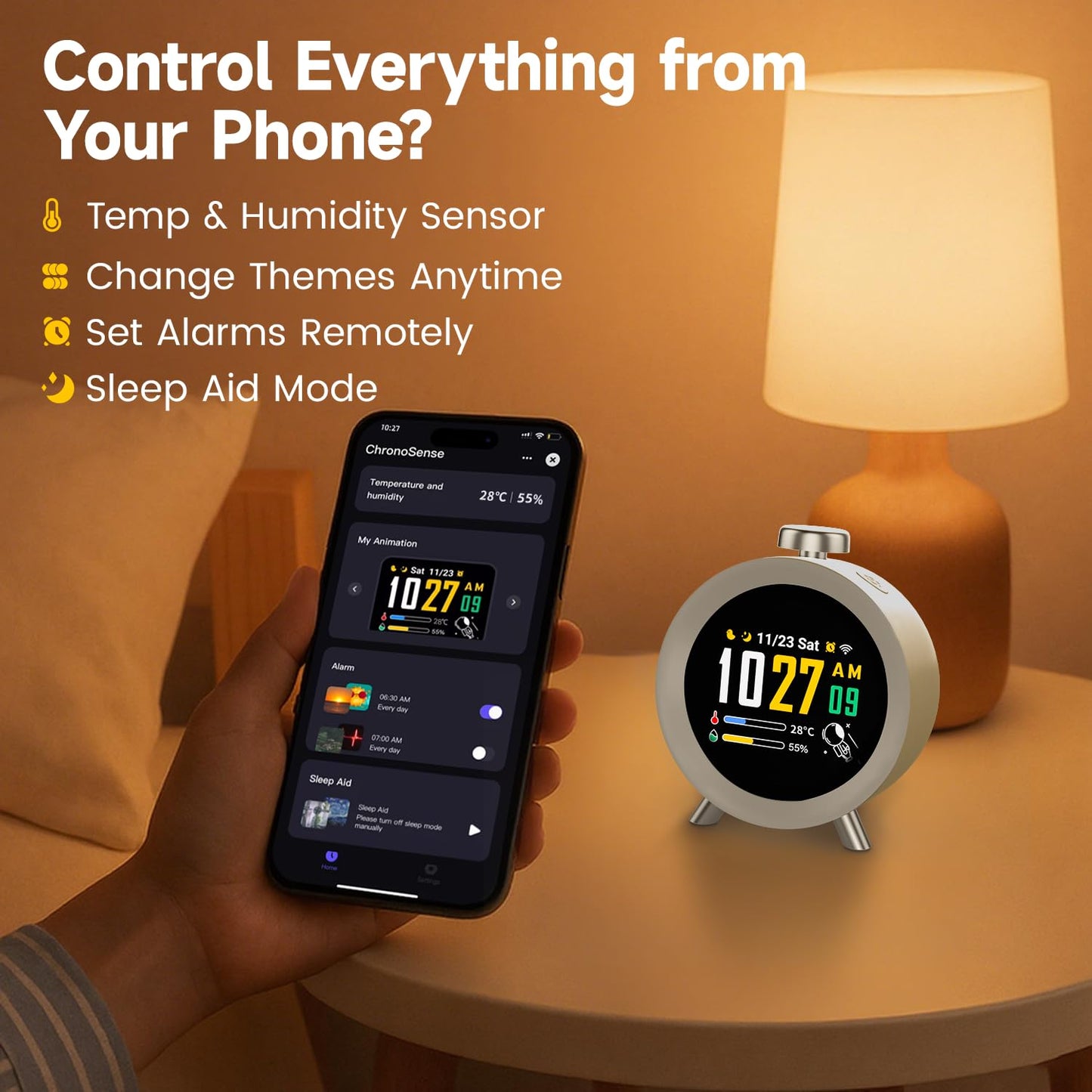 Dekala ChronoSense Smart Alarm Clock for Bedroom Temperature Humidity, 7-Day Programmable 4 Alarms, 100dB Loud Gradual Alarm for Heavy Sleeper, Hourly Chime, White Noise Sound Machine, App Control