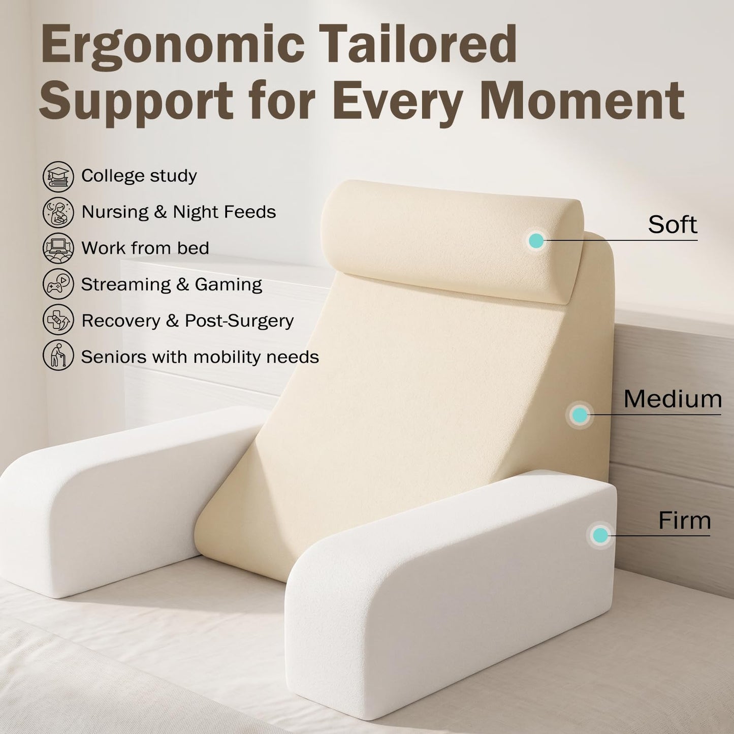 ENITYA 19" Back Pillow for Bed Sitting up, Big Pockets and Washable Removable Cover, Reading Chair for Watching TV/Reading/Gaming/Resting in Bed, Couch or Floor, Medium(Ivory)
