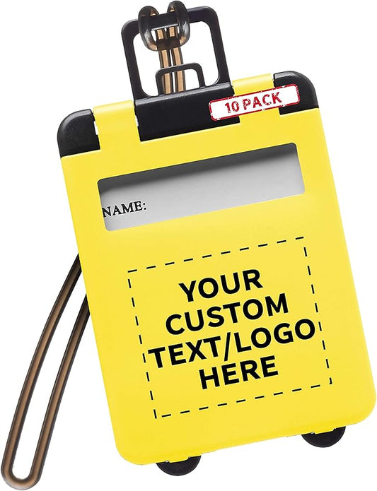 10 Mini Carry-on Luggage Tags Pack - Customizable Text, Logo - Flip Open Cover, ID Sticker - Yellow