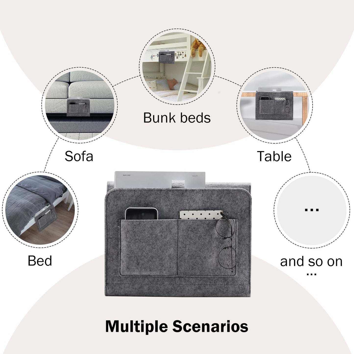 YOUDENOVA Bedside Caddy, Bedside Organizer for Dorm Room, Bunk Bed, Grey