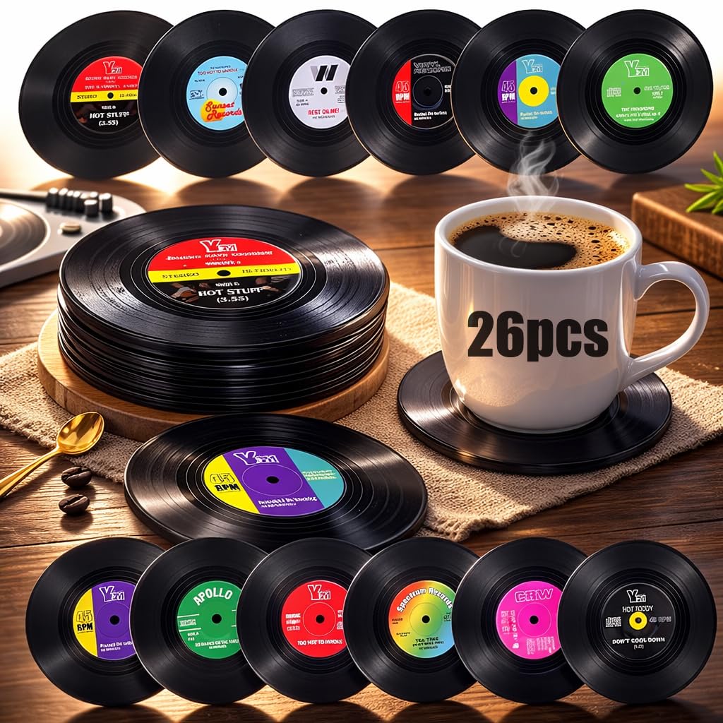26 Pcs Retro Vinyl Record Coasters for Drinks, 4 Inch Record Player Coaster Set, Funny Music Lovers Gift for Home Bar Decor, Birthdays and Housewarming