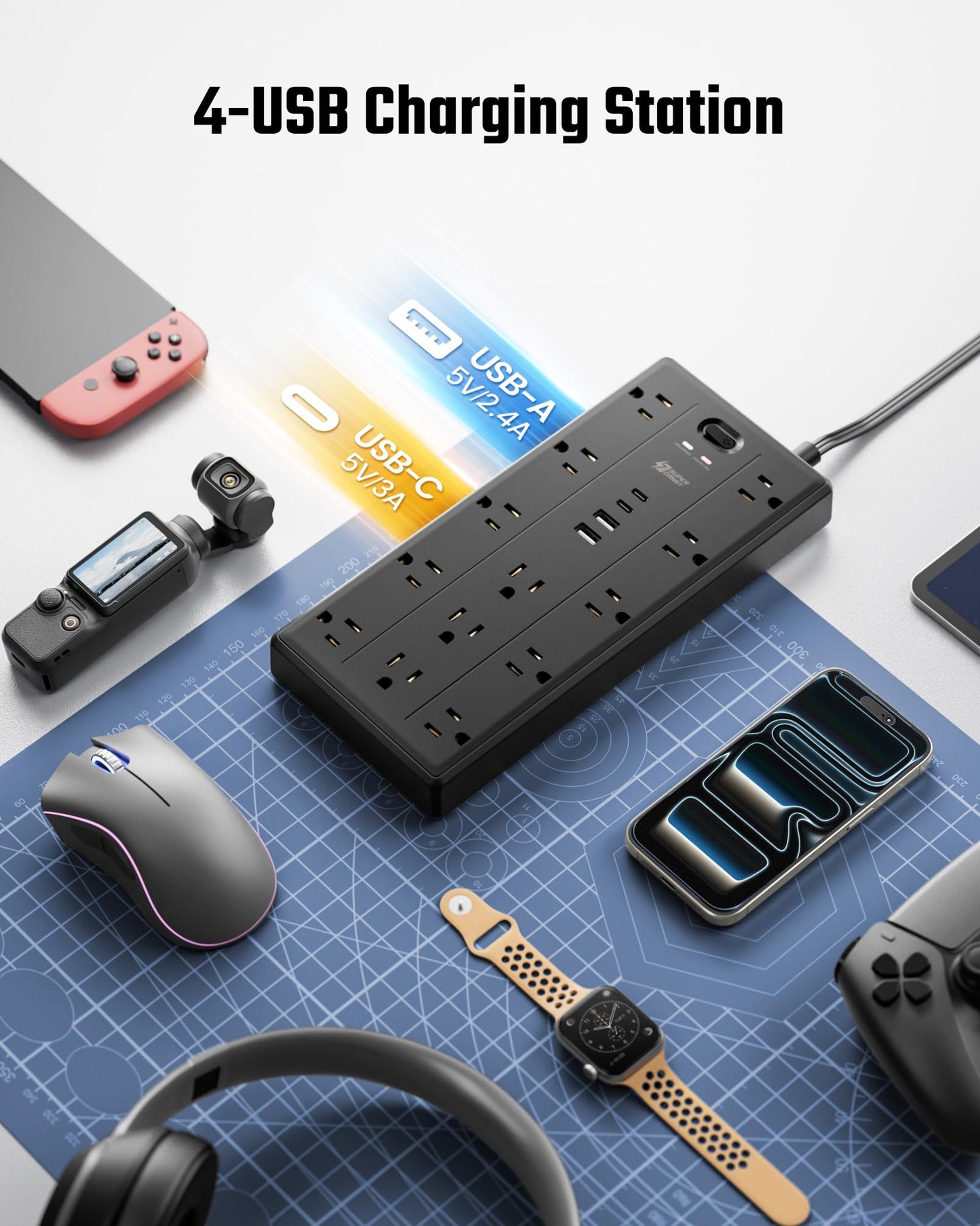 10Ft Extension Cord with Multiple Outlets, Flat Plug Power Strip with 2100J Surge Protector, 13 Outlets, 2 USB A, 2 USB C, Desk USB Charging Station, Home Office, College Dorm Room Essentials, Black
