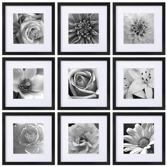 eletecpro 12x12 Picture Frames Set of 9 with Clear Acrylic Cover, Display 8x8 Photos with Mat or 12x12 Without, Classic and Sturdy Square Collage Gallery Wall Decor, Easy Wall Mount, Black