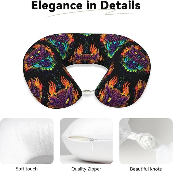 Travel Neck Pillow for Pain Relief Sleeping, Abstract Owl Fire Art, Comfortable Memory Foam Chin Head Cushion Support with Zip Cover, Fashion Car Flight Pillows
