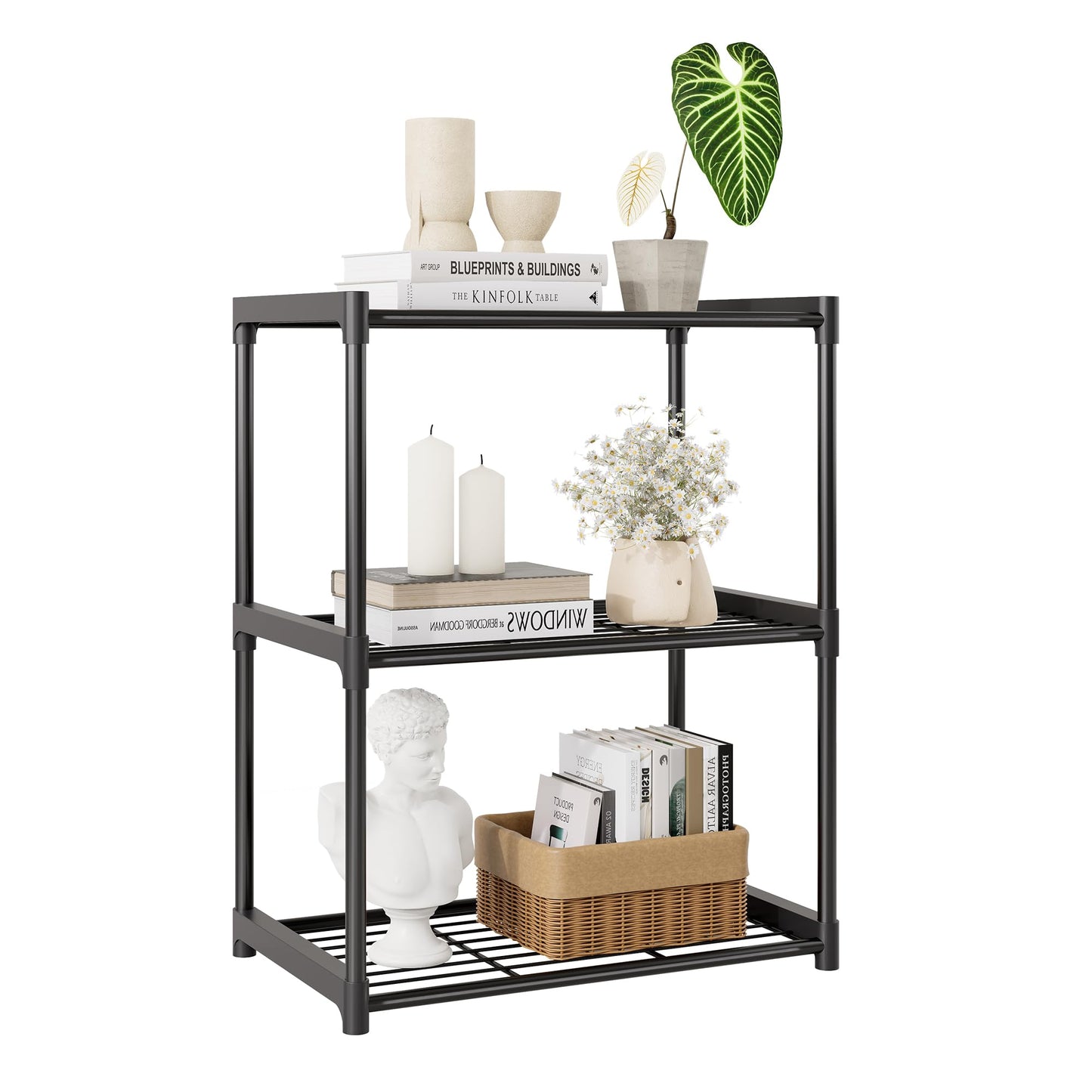 Tujurich 3-Tier Storage Shelves with Plastic Connectors – Metal Shelf Organizer for Pantry, Closet & Bathroom, Space-Saving Sturdy Shelving Unit Rack, Black, 17.3" x 12.8" x 28.9"
