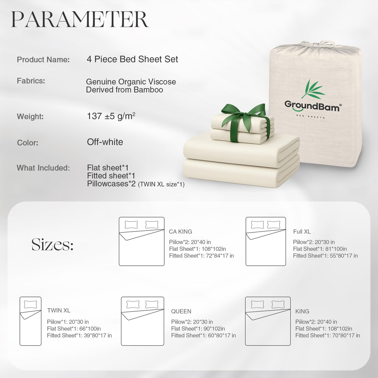 GroundBam Silver Infused Bed Sheets Set, Temperature-Regulating Fabric with Self-Cleaning Technology for 3X Freshness Sleep, Genuine 100% Organic Viscose Derived from Bamboo (Offwhite, Queen)