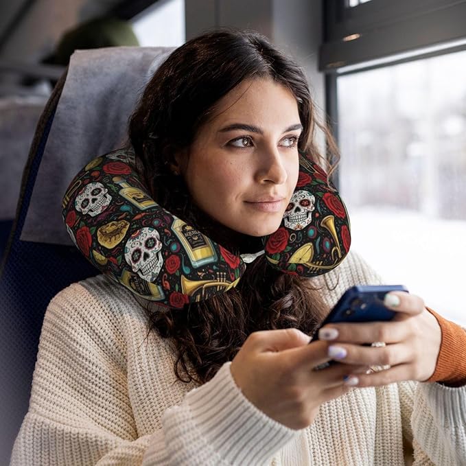 Support Neck Pillow for Youth Travel, Washable Airplane Chin Supporting and Relax U Shaped Pillows Vintage Day of Dead Sugar Skulls Rose Flowers Cactus