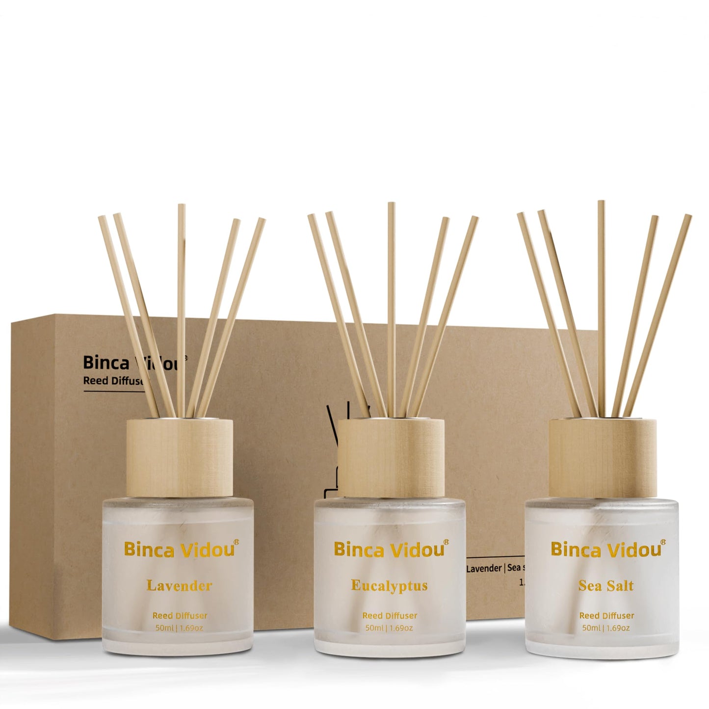 Reed Diffuser Set of 3, Binca Vidou Lavender, Eucalyptus & Sea Salt Natural Scent Oil Diffusers with Sticks for Home Office Bathroom Aromatherapy Decor 1.69oz x 3