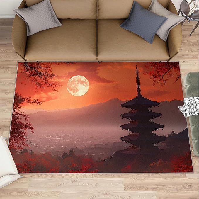 Japanese Style Area Rug 4x5 Washable Rug Red Maple Leaves Rugs for Living Room Sunset Scene Non Slip Carpet Floral Print Mat Bedroom Bathroom