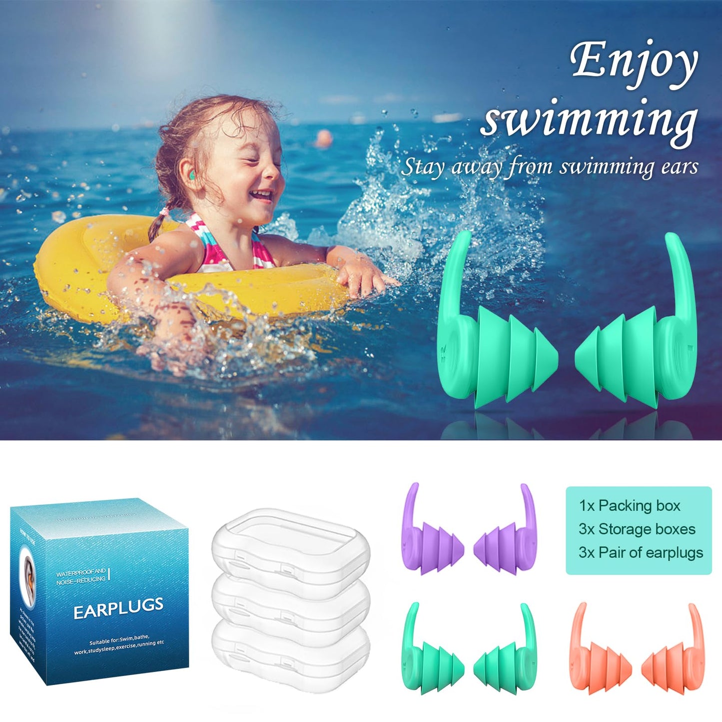 Kids Swimming Ear Plugs,3 Pairs Waterproof Reusable Silicone Child Swim Earplugs for Swimming Surfing Bathing Showering,Small Children Water Ear Plugs Suitable for Boys and Girls (Kids 4-12 Years Old)
