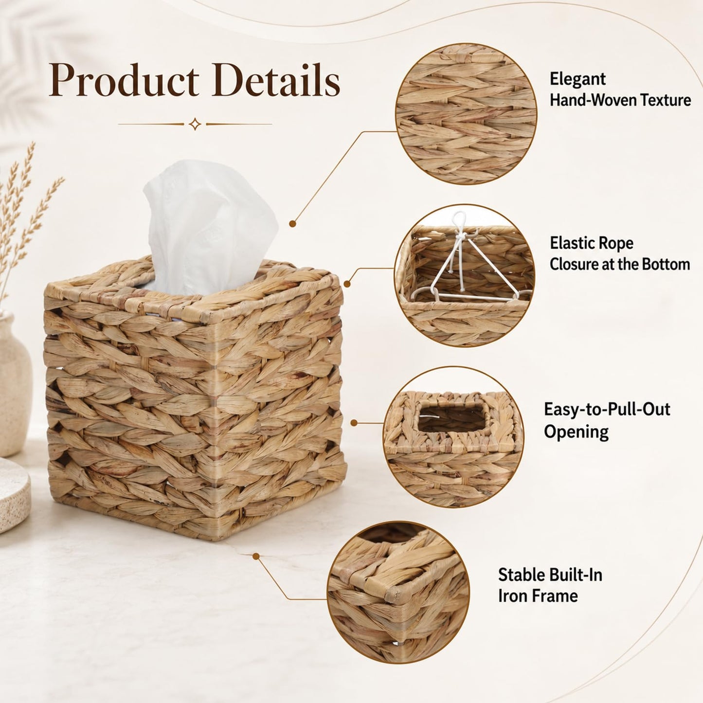Rattan Tissue Box Covers, 2 Pack Square Wicker Facial Tissue Holders, Handwoven Water Hyacinth Cube Dispensers for Bathroom, Bedroom, Office and Boho Home Decor