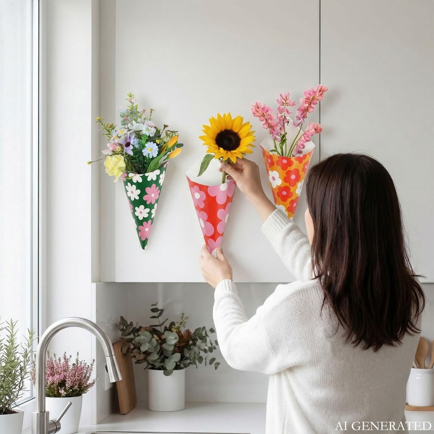 AIM & GGKK Floral Wall Vases - Set of 3 Flower Pattern Metal Wall Flower Vases for for Modern Home Decor, Entryway, Hallway, Bathroom, Living Room, Dining Room, Narrow Spaces