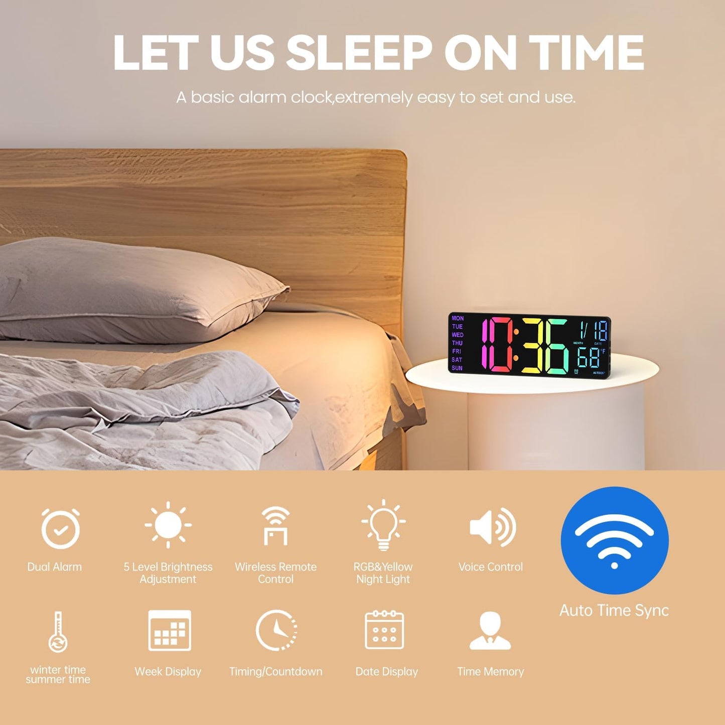 YISILE 13" Digital Wall Clock with Night Light,8 RGB Color,Dual Alarms with Large Display, Dimmer, Auto DST, Voice Control, Auto Time Sync,Remote Control for Living Room Bedroom,Gift for All Ages