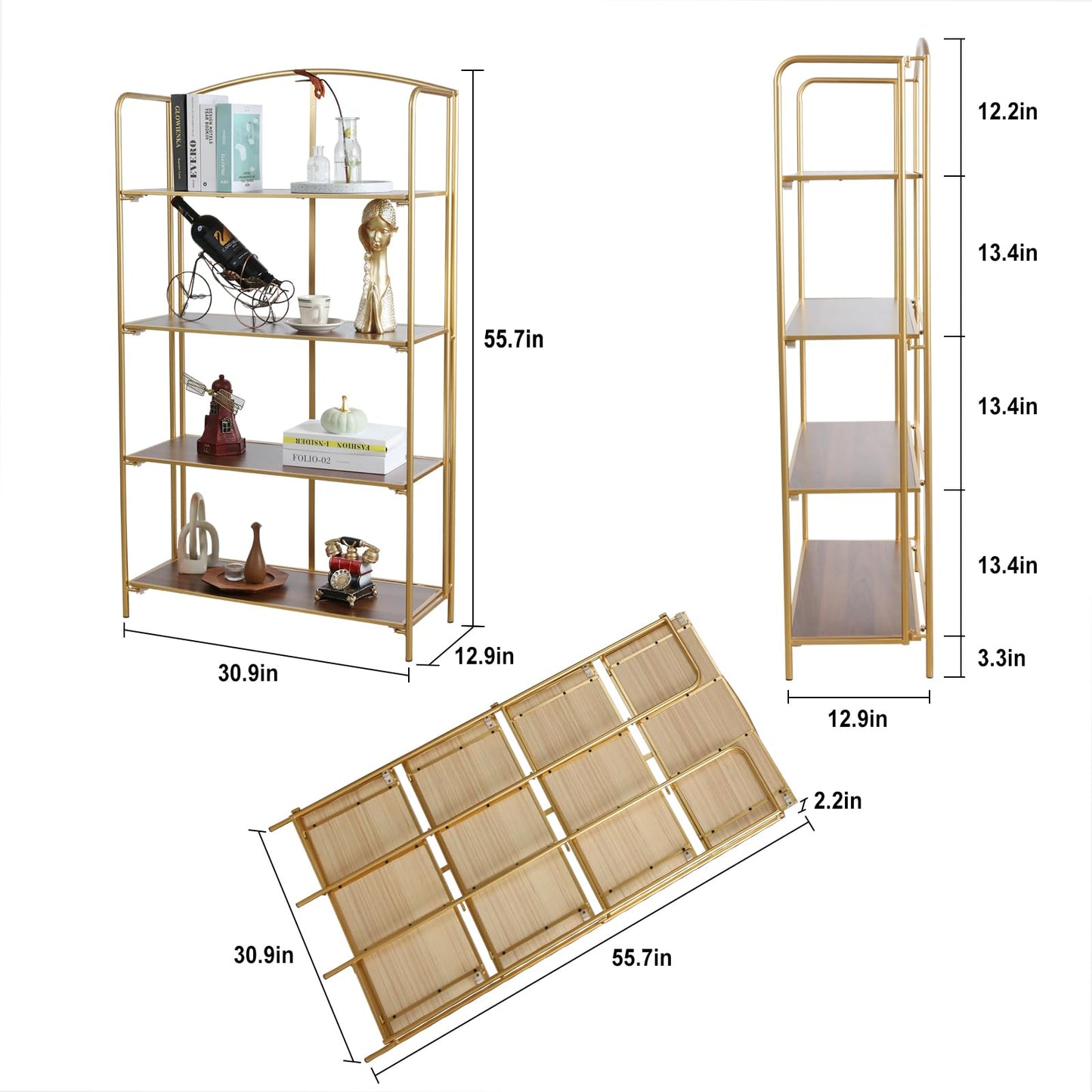 Crofy 4-Tier Wider Foldable Bookshelf, Gold Frame & Walnut Shelves