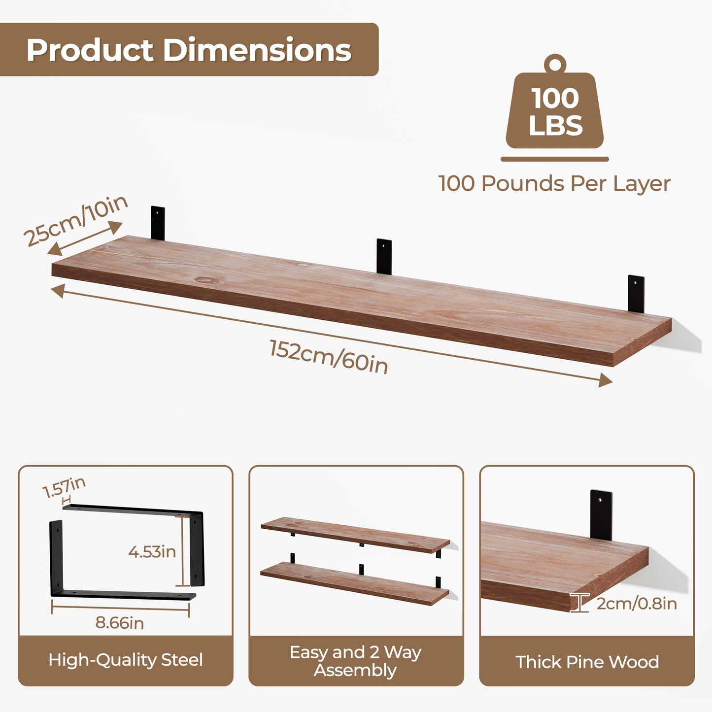 ONOTETUT 10x60 Inch Brown Floating Shelves for Wall,2-Pack Long Floating Bookshelf Wall Mounted Shelves,5ft Solid Wood Large Wall Shelf for Office (Brown)