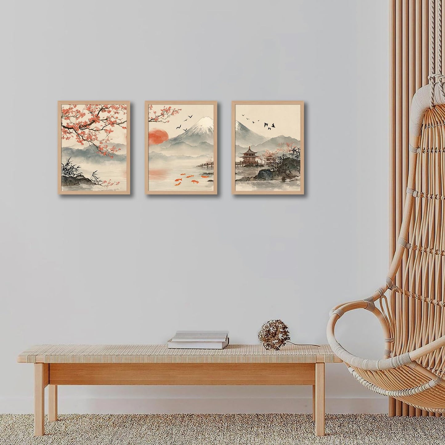 soonkiss Japanese Wall Art Set of 3 with Wooden Frame, Ready to Hang Sakura Cherry Blossom Mountain Sun Landscape Painting Prints for Living Room Bedroom Office 12x16 Inches