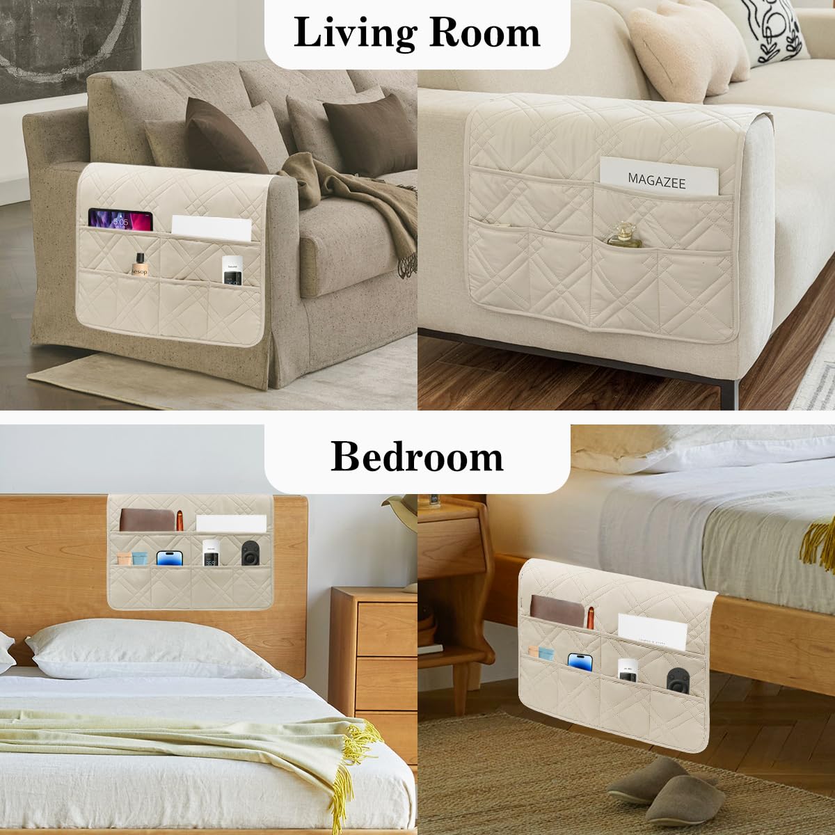 HADEEONG Couch Armrest Organizer Remote Control Holder Bedside Caddy with 6 Pockets, Non-Slip Armchair Caddy Sofa Armrest Organizer for Tv Remote Control, Magazine, Cell Phone, Beige