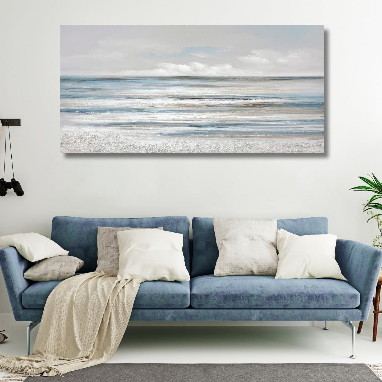TRAIN2 ART Abstract Wall Art Modern Coastal Wall Decor Textured Blue and White Sea Background Canvas Wall Art for Living Room Bedroom Kitchen Office 20"x40"