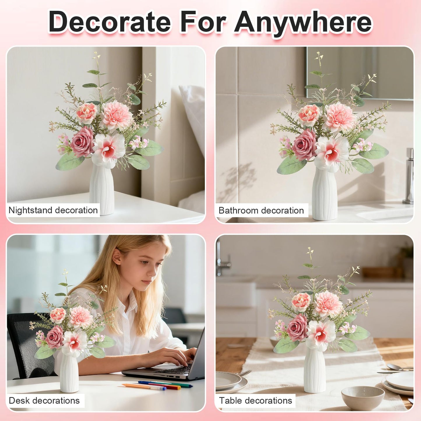 GAATEEK Small 11" Artificial Flowers in Ceramic Vase - Pink Silk Flower Centerpiece for Dining Table, Office, Wedding & Farmhouse, Home Decor Gifts