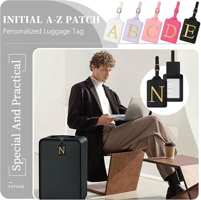 Personalized Initial Luggage Tags for Suitcase TSA Approved, Black Leather Cute Luggage Tag with Privacy Cover Name Card, Embroidered Custom Luggage Tags Travel Backpack Tags Gifts for Women Kids(N)