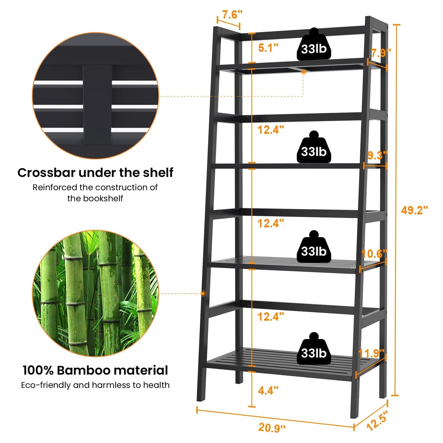 Homykic Bamboo Bookshelf 4-Tier Ladder Shelf, 49.2” Freestanding Open Bookcase Book Shelf Bathroom Storage Shelf Unit Plant Stand for Small Space, Living Room, Bedroom, Home Office, Black