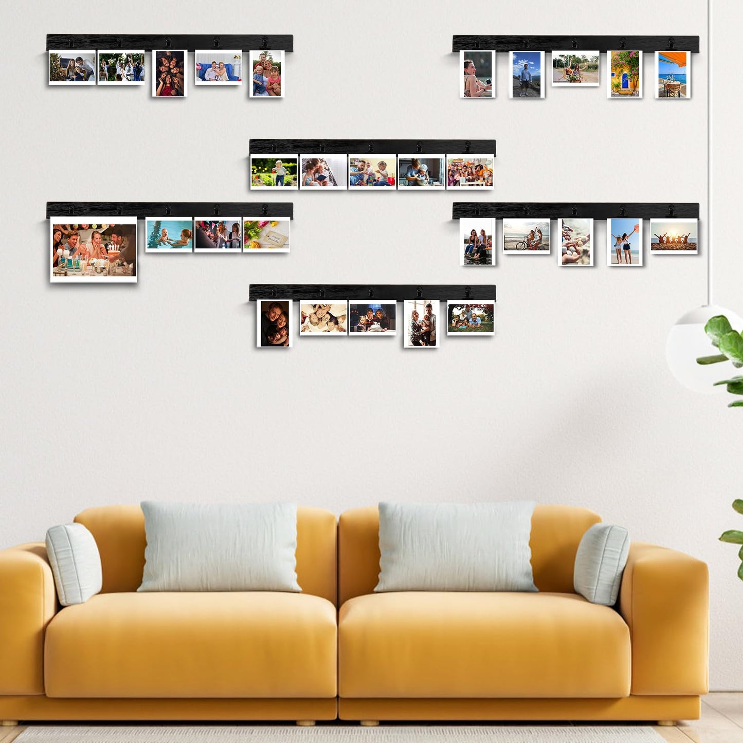 Aiyome 6 Picture Frames Collage Wall Decor With 30 Clips, Wood Photo Frame, No Drilling Required, Adhesive Stickers, Easy to Install, Black.