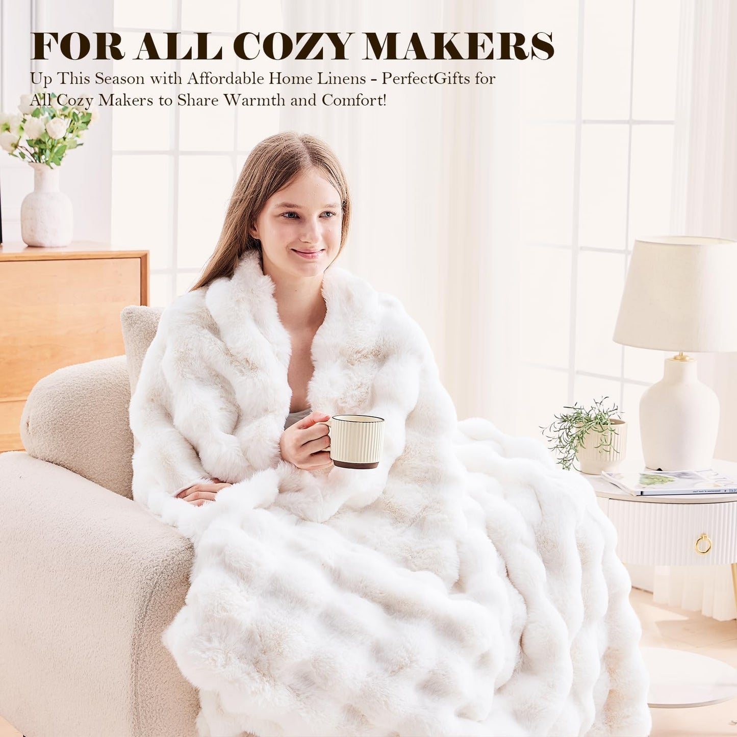 Faux Fur Queen Blanket for Couch, 1000 GSM Cozy Fuzzy Fluffy Soft Plush Thick Bubble Sherpa Blanket for Sofa Bedroom Living Room, Mothers Day Birthday Gifts for Women Home Decor