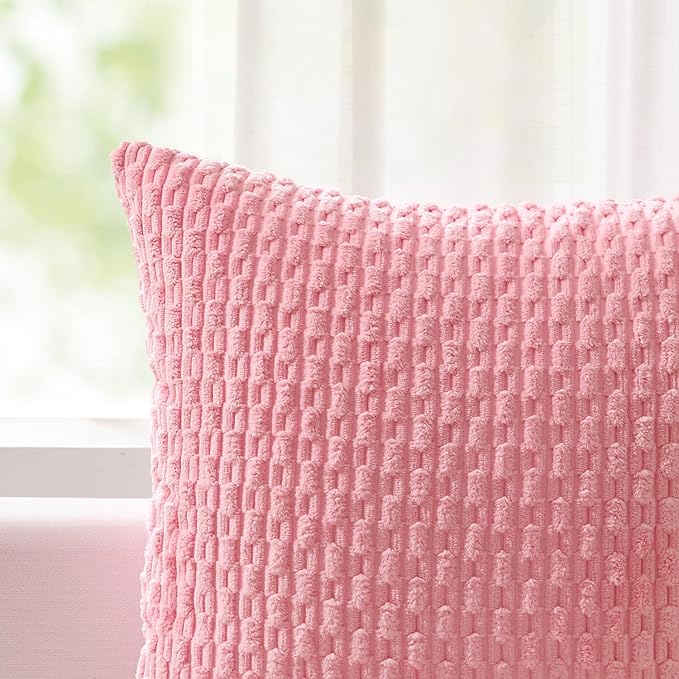 Kevin Textile Valentines Day Decorative Pillow Covers Set of 2 Striped Plush Corduroy Pillows Pillowcases Boho Home Decor Cushion Covers for Couch Sofa Bed Living Room 16x16 Inch, Pink