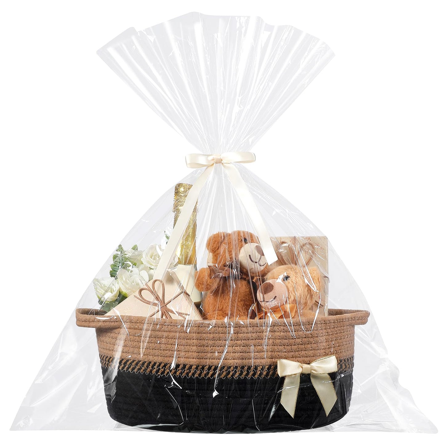 Colingmill 1 Set Woven Basket for Gift Empty with Cellophane Wrap Set 14 x 10 x 5.5 Inch, Medium Decorative Gift Basket Empty to Fill, Cotton Rope Storage Box Decor (Black Brown)