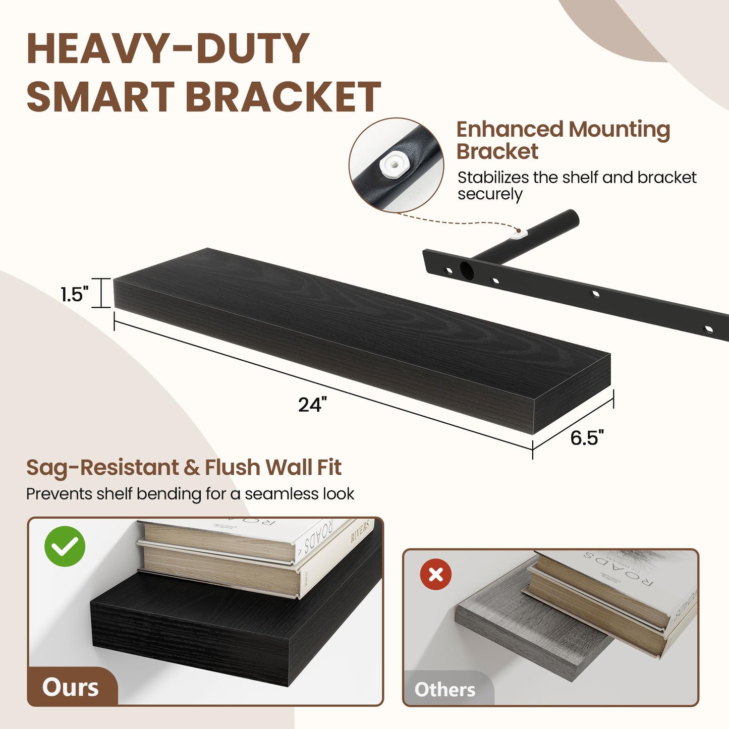 Acovy 24 Inch Floating Shelves for Wall 2 Pack, 24" Wall Shelves for Books, Storage, Decor, Wall Mounted Floating Shelf with Invisible Brackets for Kitchen, Living Room, Black