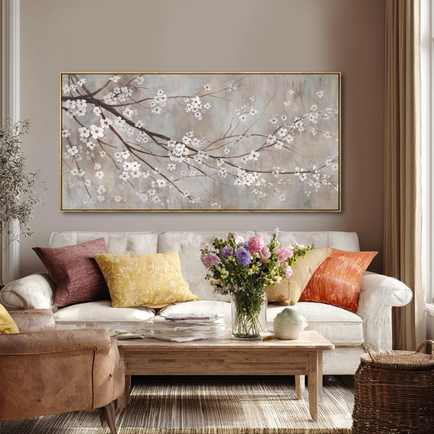Flowers Wall Art Grey Pictures Wall Painting Large Framed Canvas Art Landscape Artwork for Dining Room Home 29"x 58" Ready to Hang