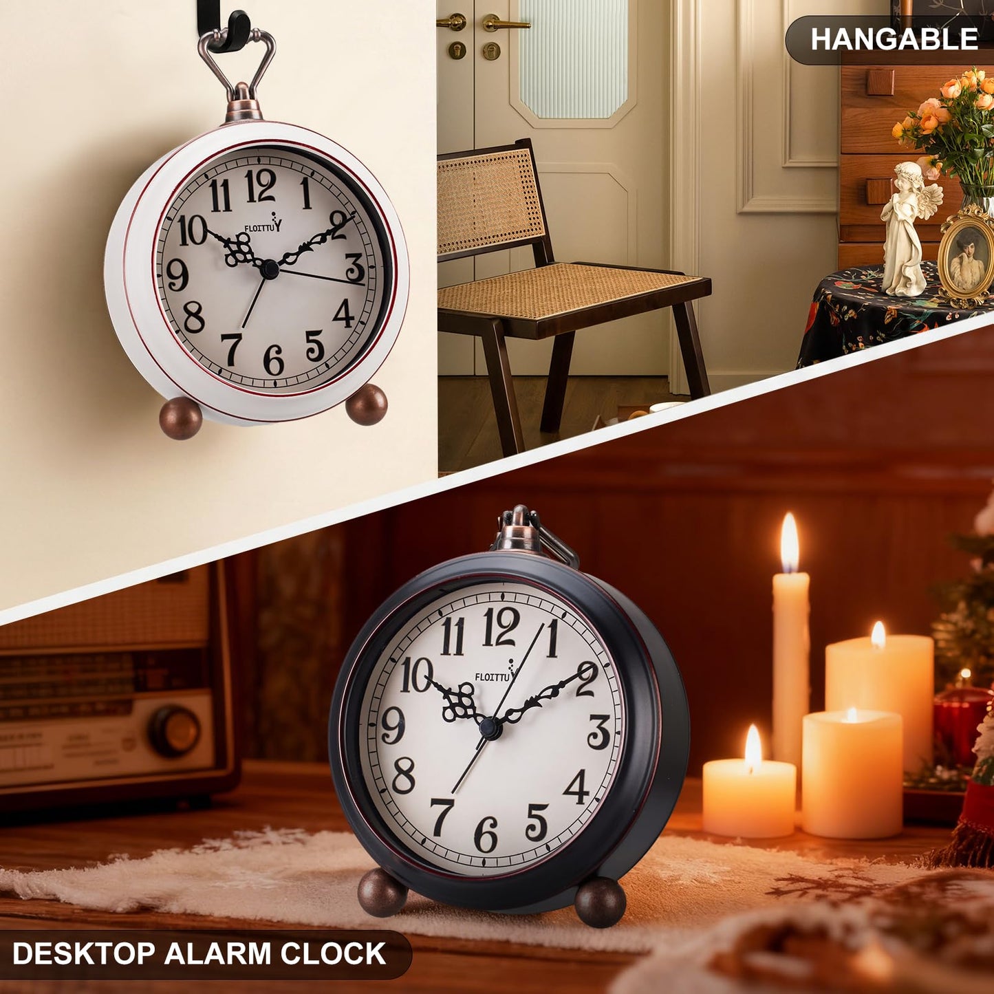 FLOITTUY 4.5" Battery Operated Antique Retro Analog Metal Alarm Clock, Silent Bedside Desk Clock, Wall-Hanging Vintage Clock(Vintage White)