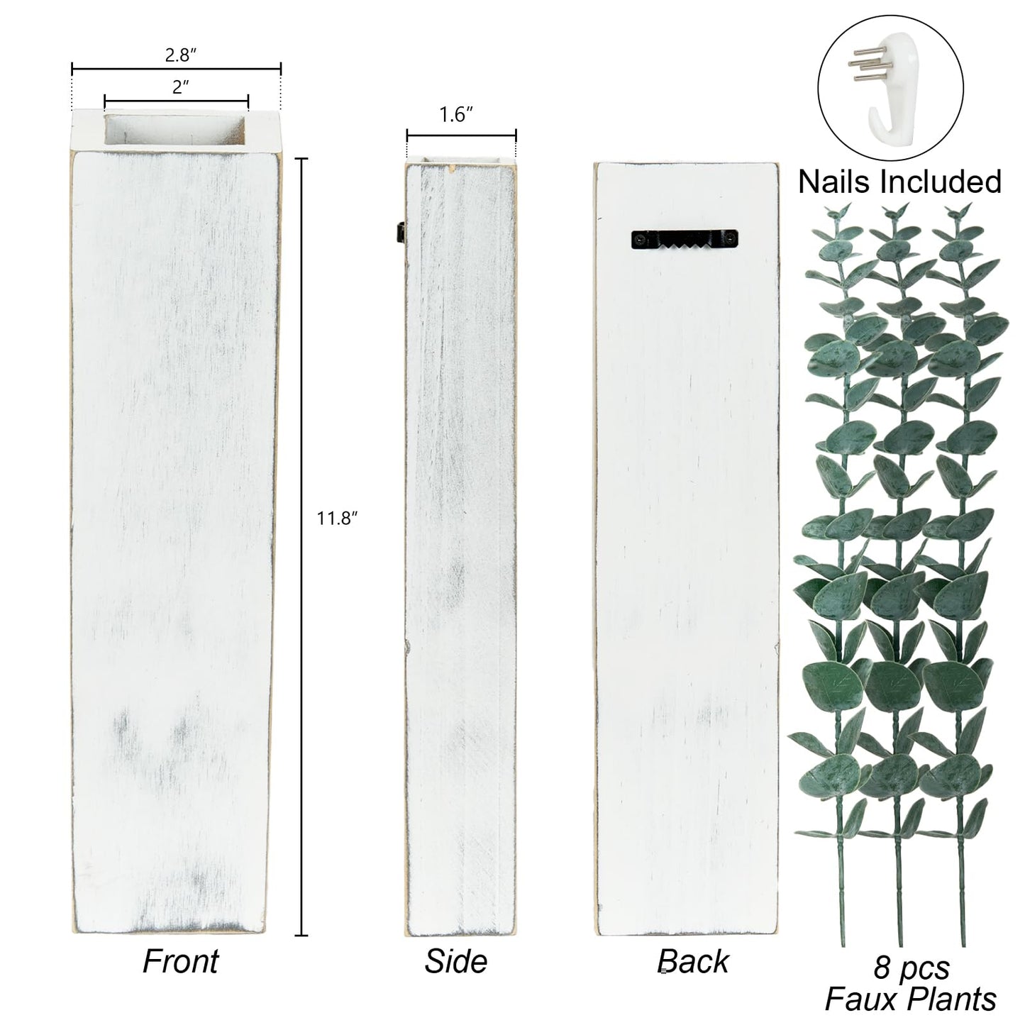 4 Pack Wood Wall Planters with 8 Pcs Artificial Eucalyptus, Plant Wall Decor for Living Room, Bedroom, Bathroom, Office, Wall Hanging Decor Wall Vase with Faux Plants, Rustic White