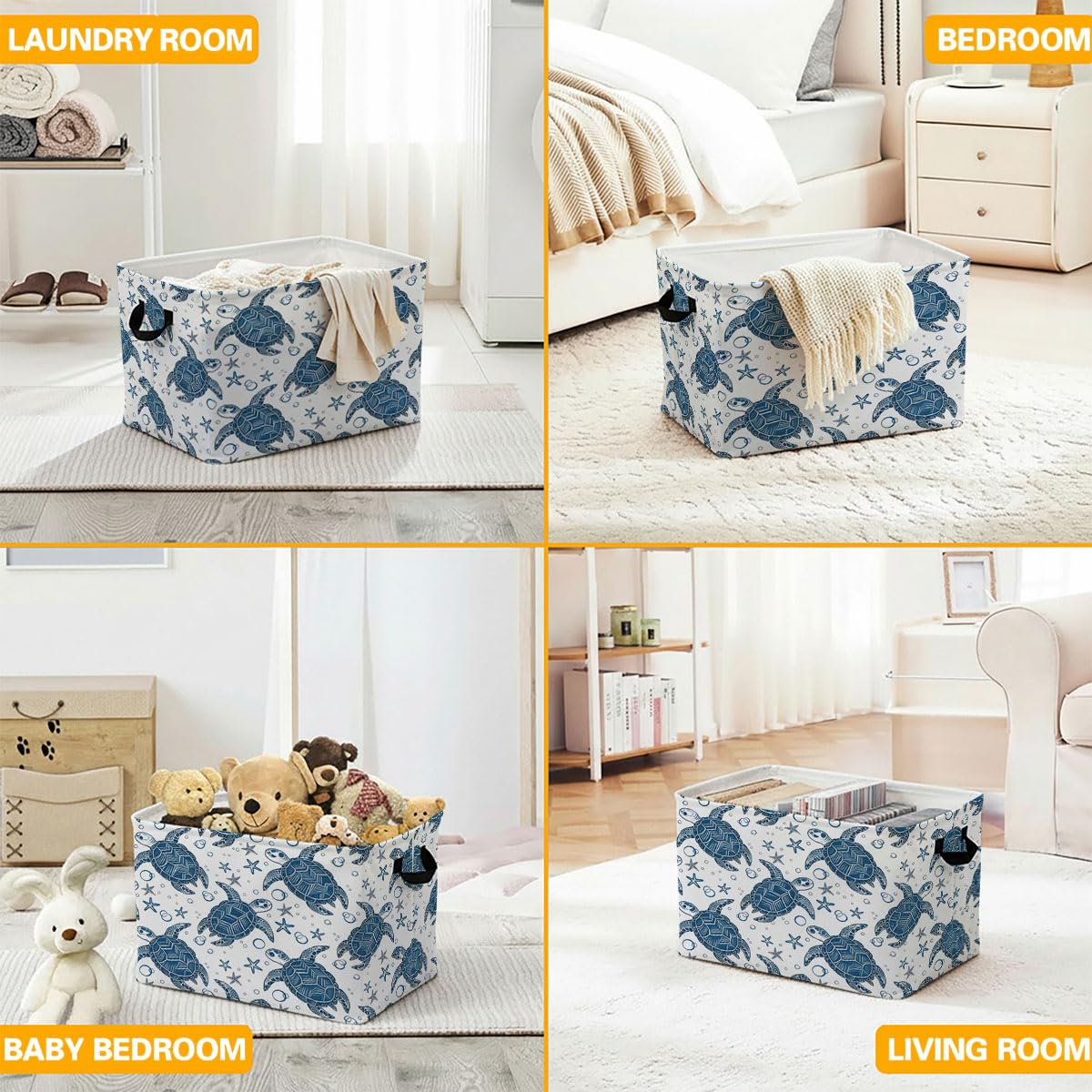 56L Sea Turtle Foldable Square Laundry Hamper with Handles – Large Clothes, Blanket & Toy Storage Basket for Home Organization.