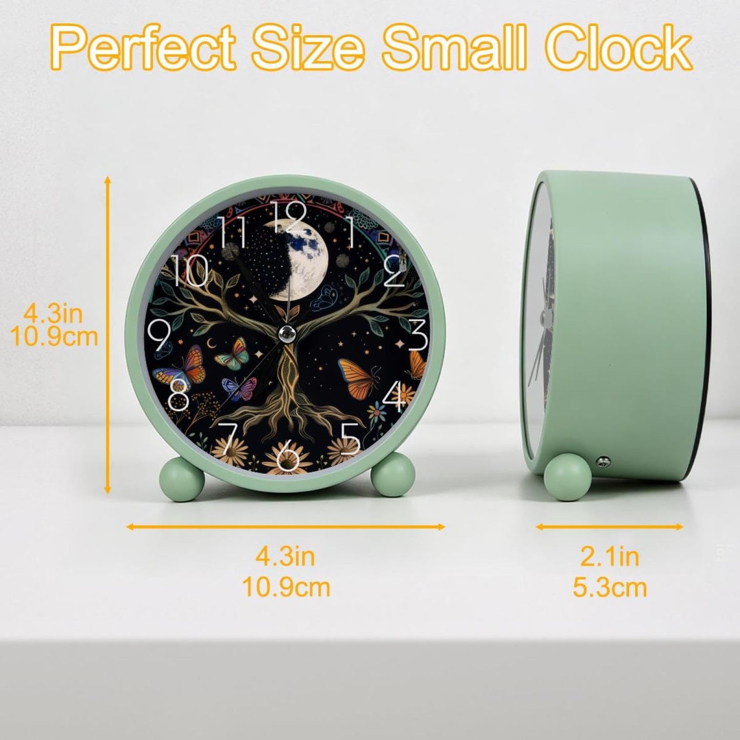 IROLSKDNFH 4.3" Decorative No Ticking Analog Alarm Clock, Battery Operated Desk Clock with Light, Easy to Set, for Bedroom, Kids, Seniors, Moon Phase Tree of Life Nature Flower Plant Butterfly