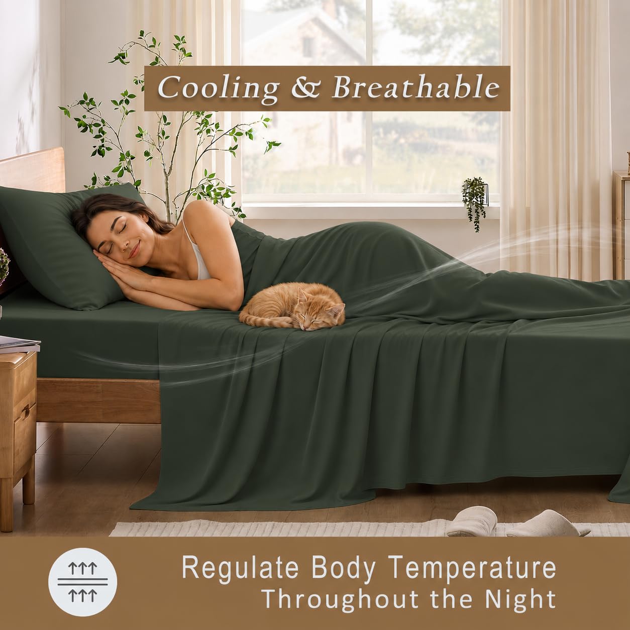 TOSMO Luxury Cooling Sheet Set | 100% Viscose from Organically Grown Bamboo | FSC® Certified | Queen Size | 18” Deep Pockets | Silky Soft Natural Bedding for Hot Sleeper [Olive]