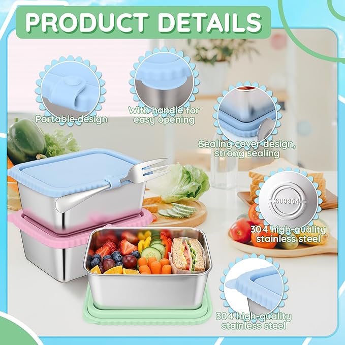 Acellegic Stainless Steel Snack Containers with Silicone Lids, 15 oz Reusable Food Storage Deli Containers for Meal, Leak Proof, Easy Open BPA Free Daycare and School(Blue, Pink, Green,3 Pack)