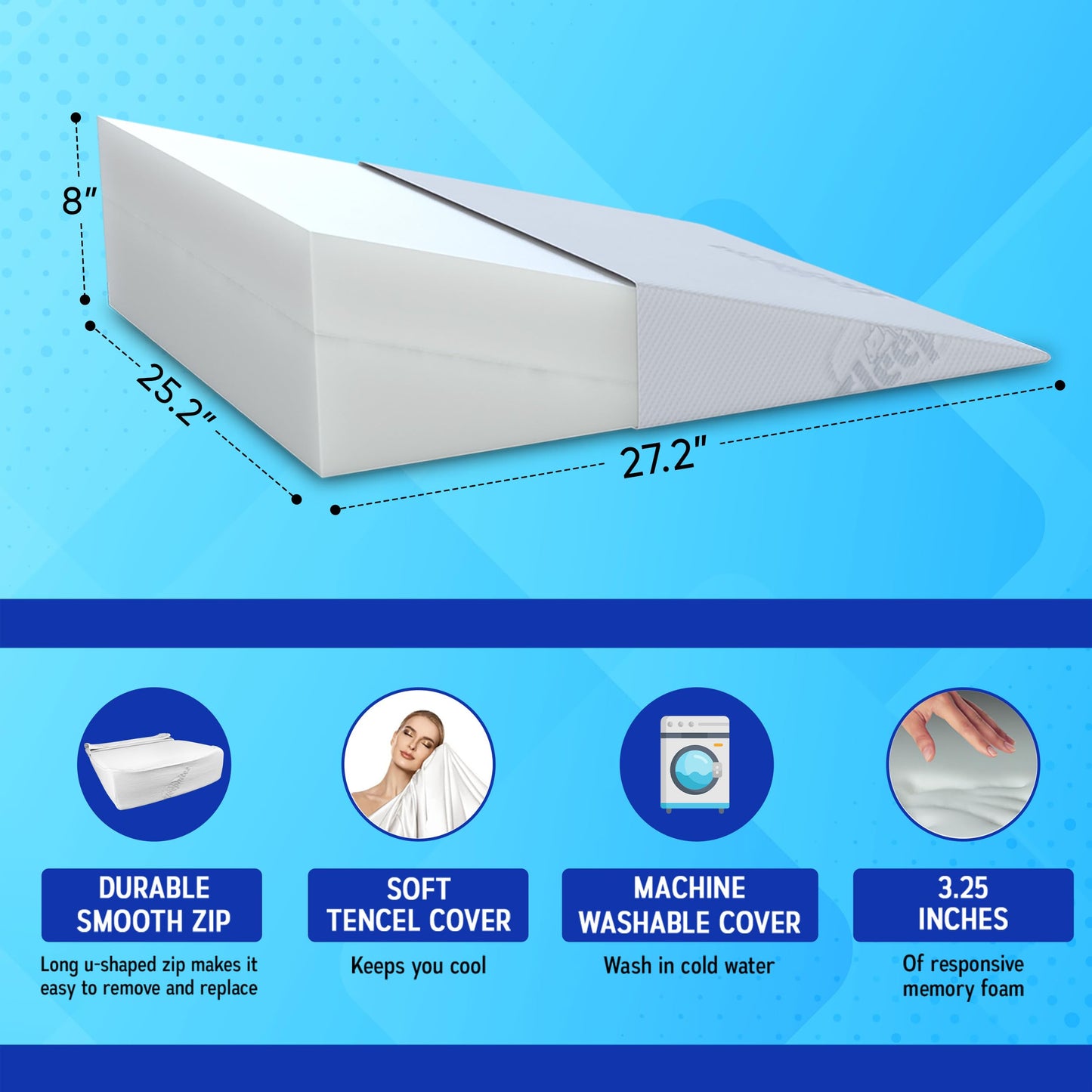 Sleepnitez Fsa Eligible 8" Bed Wedge Pillow – Memory Foam Wedge for Sleeping, Acid Reflux Pillow for Snoring, GERD, Pregnancy, Sleep Apnea, Reading – Soft Luxurious 3.25" Memory Foam Top Layer
