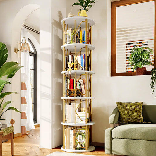 5 Tier Rotating Bookshelf Tower, Revolving Bookcase, 360° Round Spinning Book Shelf, Narrow Swivel Bookshelves Vertical Turning Corner Bookshelf Organizer for Bedroom, Living Room, Gold & White