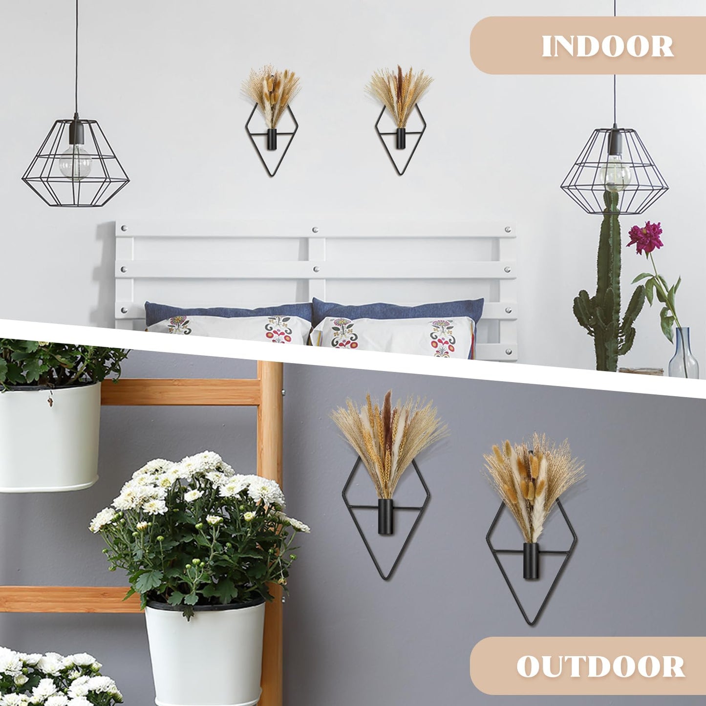 Peryiter 2 Pcs Small Boho Wall Decor Hanging Planters with Artificial Pampas Metal Wall Art Modern Home Decor Display Art for Bedroom Bathroom Living Room(Black)