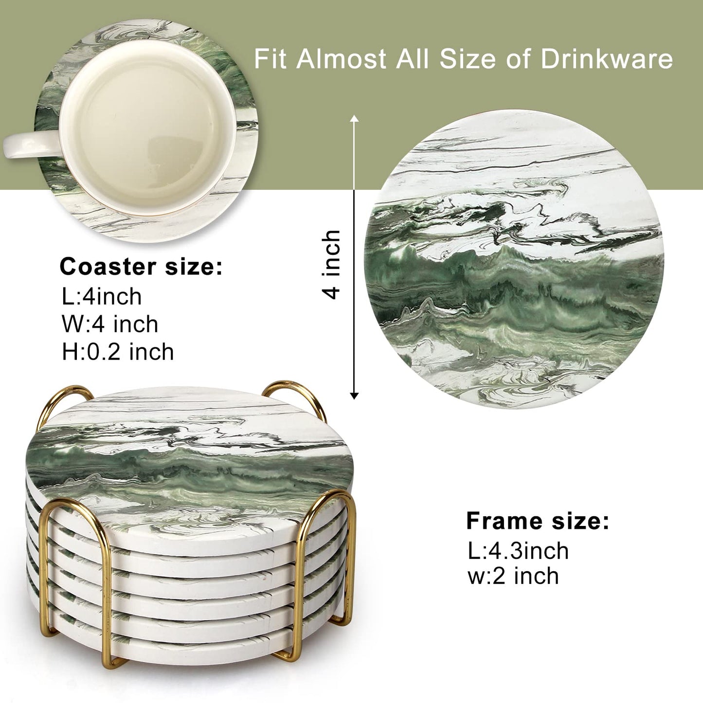 6 Pcs Green Ceramic Coasters with Holder Round Cool Drink Best Modern Absorbent Coaster Set for Coffee Table, Art Decorative Coasters, Bar, Farmhouse, Outdoor Cup Coaster Gifts