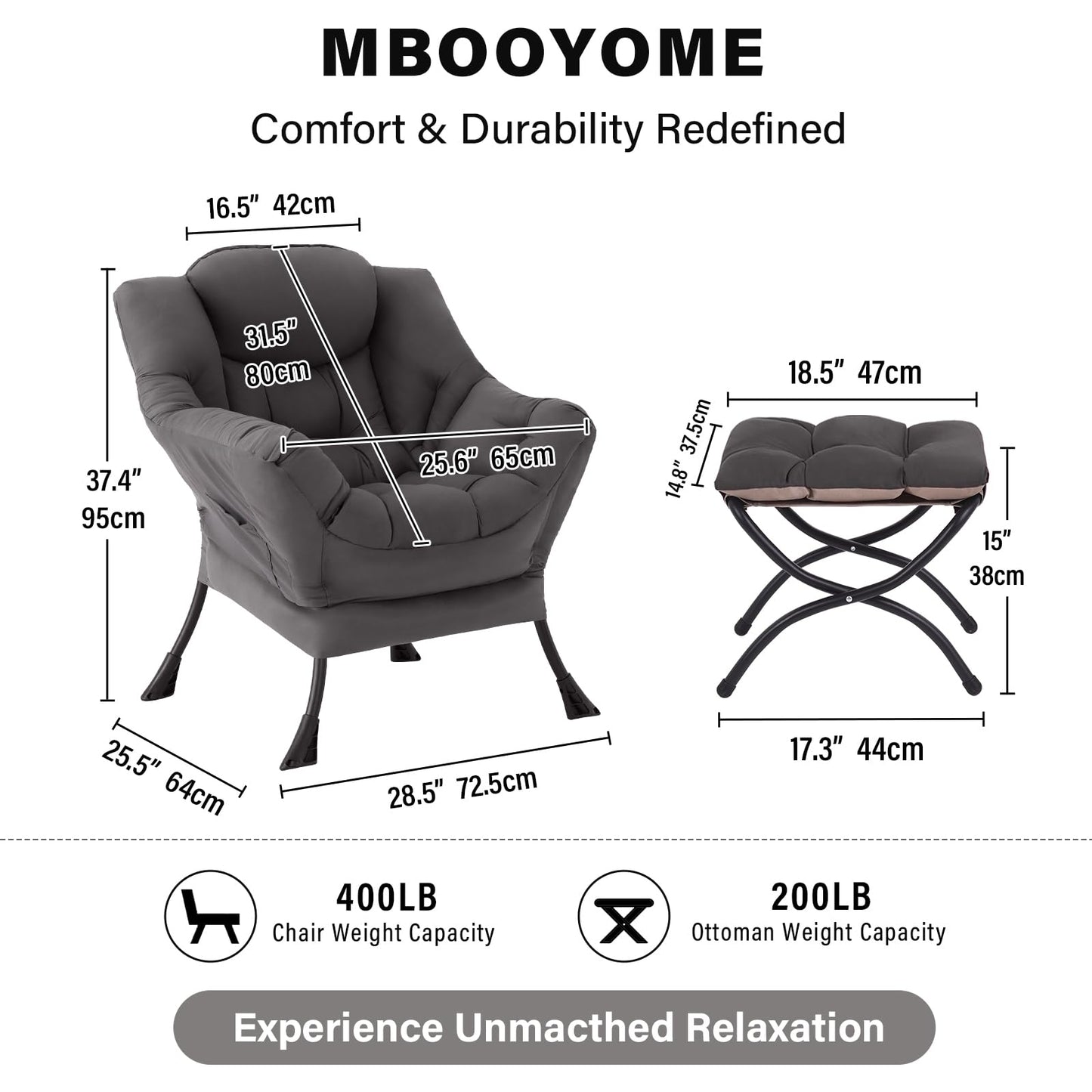 MBOOYOME Lazy Chair with Ottoman, Modern Accent Lounge Armchair with Armrests and a Side Pocket & Foldable Footstool, Leisure Reading Chair for Living Room, Bedroom, Dorm & Office, Dark Grey