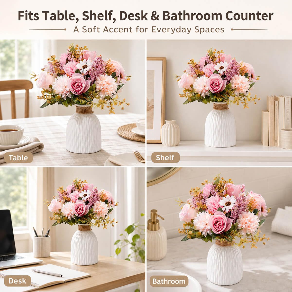 Epicpetal Fake Flowers in Vase, Artificial Pink Flowers in Vase for Decoration Faux Flowers Fake Floral for Home Decor Indoor Dining Table Centerpiece (Pink)