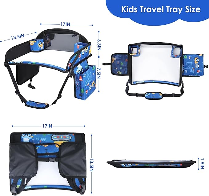 WENRENER Kids Travel Tray for Airplane - Toddler Car Seat Table Tray, Road Trip Essentials for Boys & Girls, Carseat Lap Desk for Kids Road Trip Activities (Dark Blue Car)