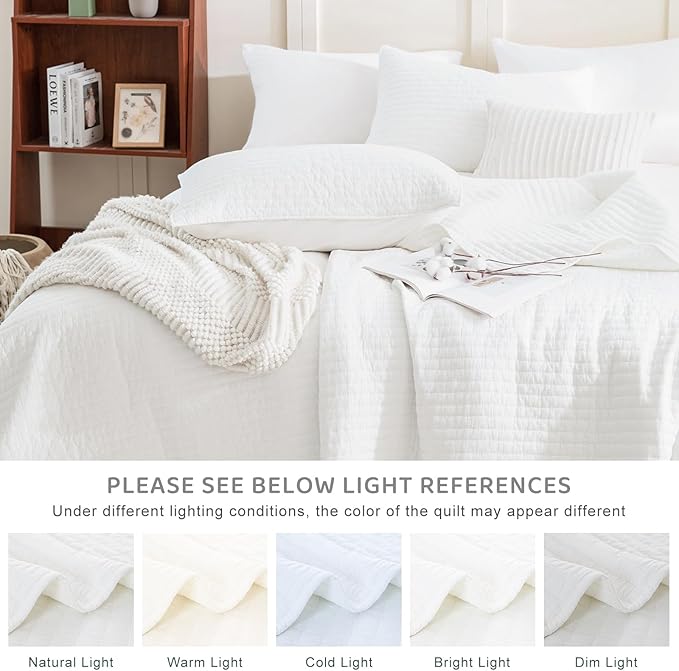Sanracie Stonewashed Oversized King Bedspread(118"x106"), Cotton Milk White California King Quilt Coverlet Cross Stitch Ultra Soft Lightweight 3Pcs Crinkle Bed Coverlet Set for All Season